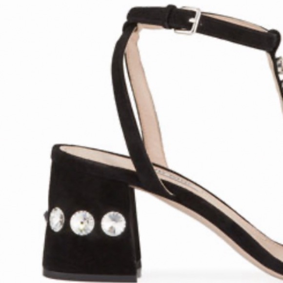 MIU MIU T-STRAP CRYSTAL SANDALS IN BLACK SUEDE WITH BLOCK HEEL SIZE US 8 - Picture 4 of 5
